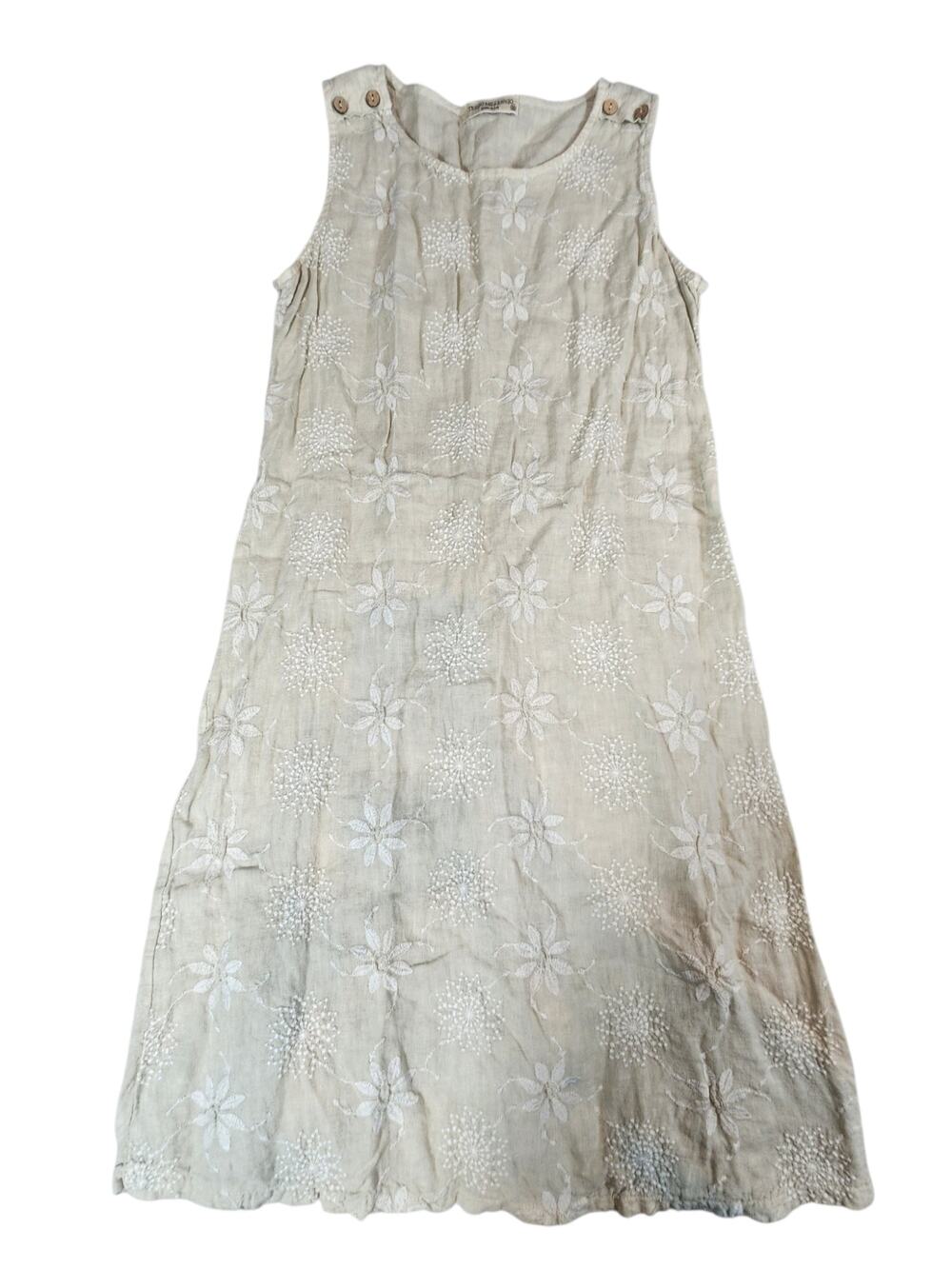 Terzo Millennio 100% Linen Embroidered Floral Shift Dress Beige XS Made in Italy